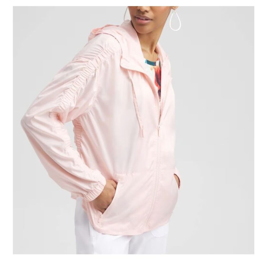 Chico's Shirred Sleeve Jacket Pink Lightweight Hooded Full-zip Long-sleeve Sz XL